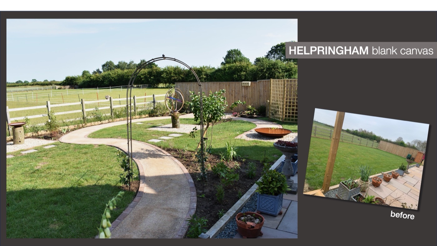 A completed LKG garden in Helpringham with a curved gravel path, lawn and young trees