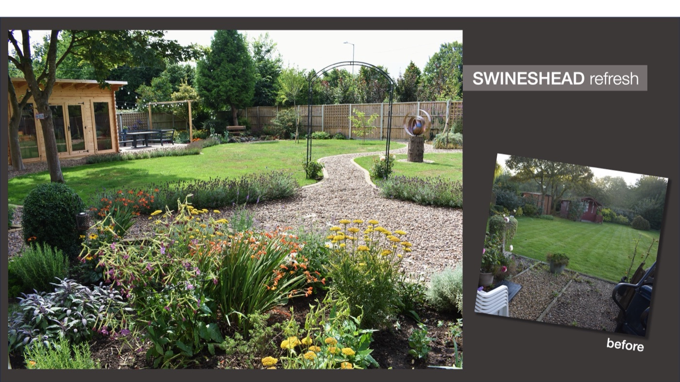 The Swineshead garden: a gravel path winding through deep planted borders