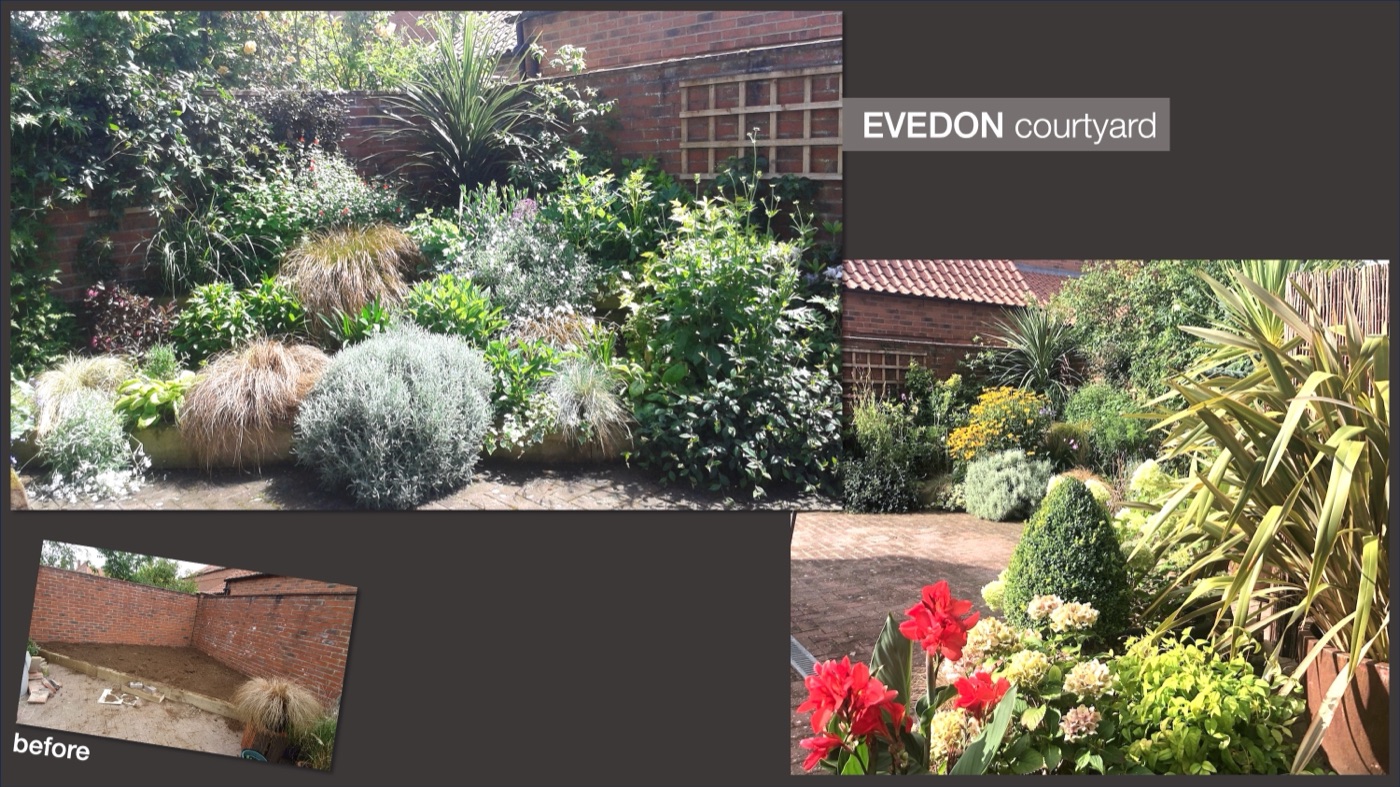 The Evedon courtyard: layered planting against a brick wall